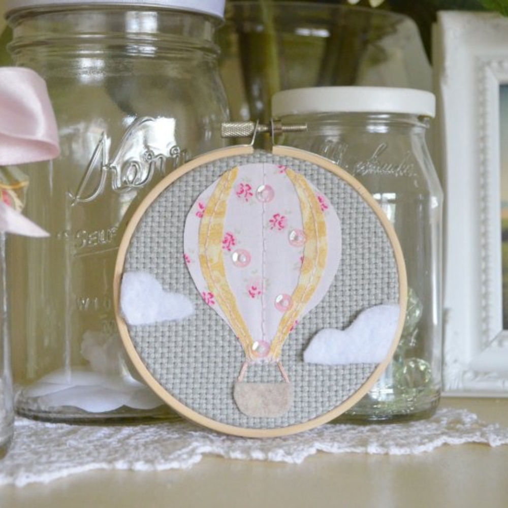 Embroidered Hot Air Balloon Hoop Art Wall Decor